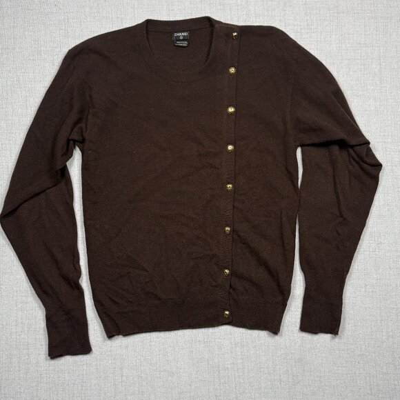 VTG CHANEL Cashmere Cardigan Jewel Button Asymmetrical Brown Sweater Chest 35" - Picture 1 of 14